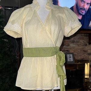 Yag Couture Light Yellow Blouse with Green Sash